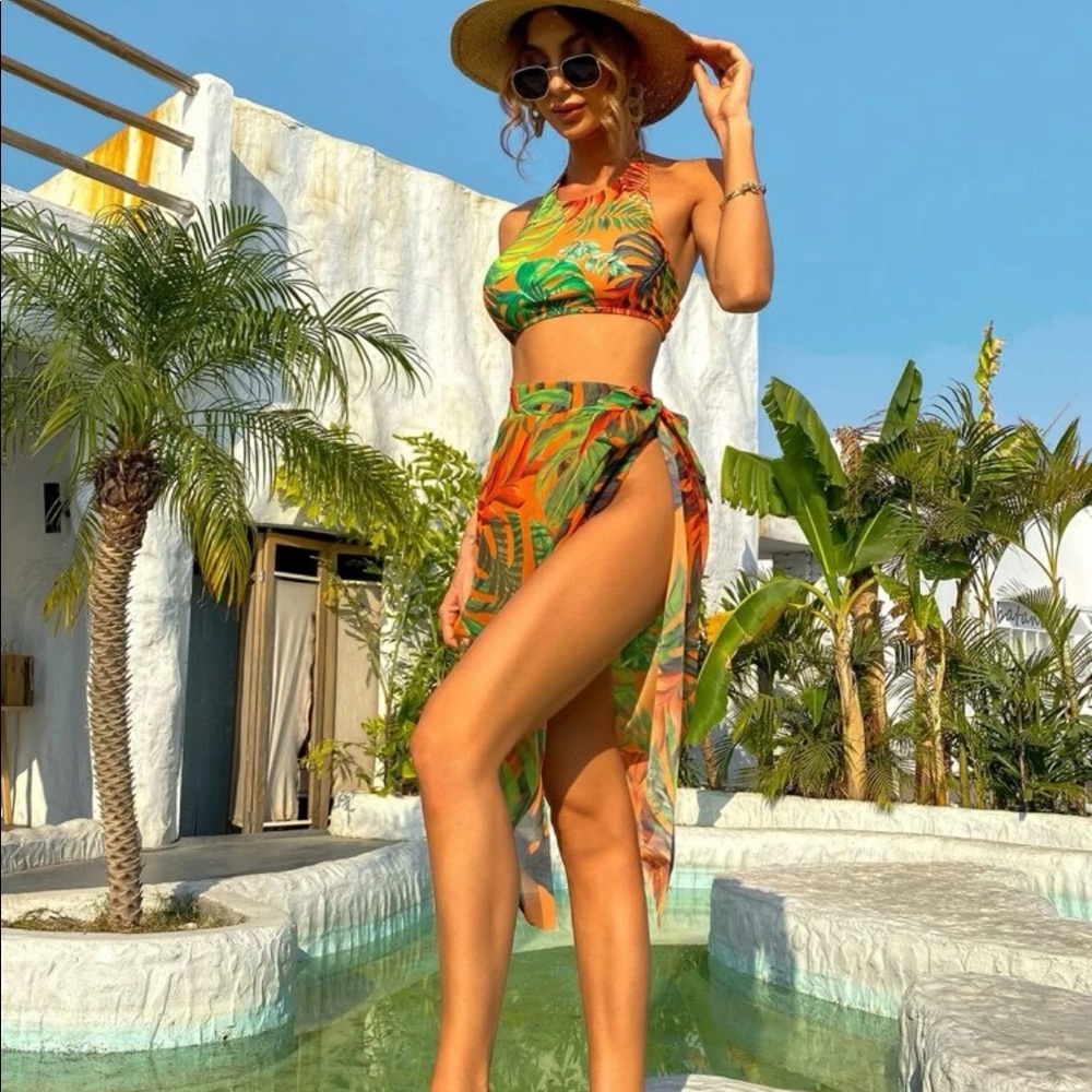 Three piece tropical bikini with sarong